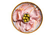 Smoked Ham slices in plate with olives.  Isolated, transparent background.