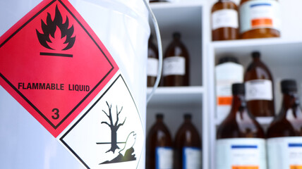 Sticker - Hazardous chemicals and symbols on containers in factory