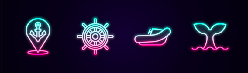 Wall Mural - Set line Location with anchor, Ship steering wheel, Inflatable boat motor and Whale tail. Glowing neon icon. Vector