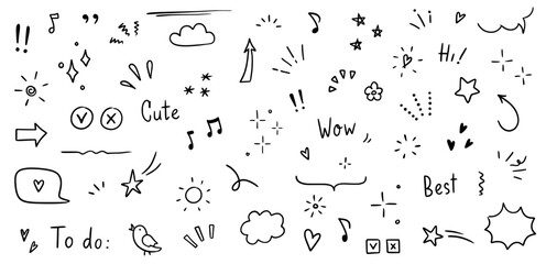 Aufkleber - Doodle cute glitter pen line elements. Doodle heart, arrow, star, sparkle decoration symbol set icon. Simple sketch line style emphasis, attention, pattern elements. Vector illustration.