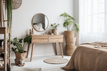 Sticker - White bedside table and mirror in a pleasant, eco friendly Scandinavian bedroom. Minimalism. Generative AI