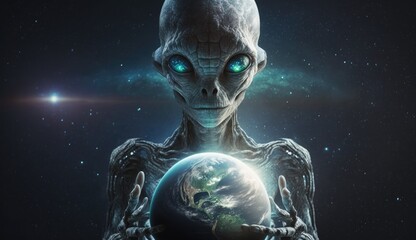 Wall Mural - alien holding planet earth in hands, made with generative ai