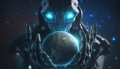 Wall Mural - alien holding planet earth in hands, made with generative ai