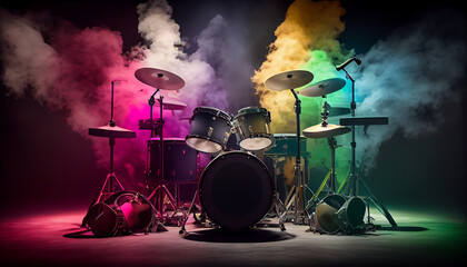 Drum kit with smoke. Generative Ai