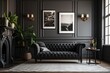 © The 2R Artificiality - Classic black Scandinavian decor with a couch, stove, fireplace, and carpet. mock up for an illustration. Generative AI