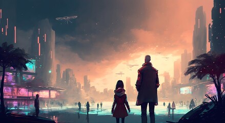 Wall Mural - father and daughter looking at the futuristic city with colorful light, digital art style, illustration painting, Generative AI