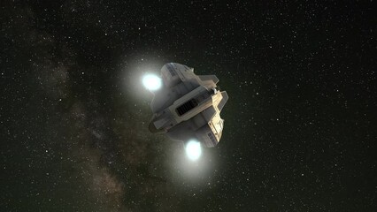 Wall Mural - Spaceship flies in open space among stars and galaxies. Space travel animation concept, 4k