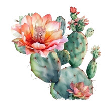 Cactus And Flowers, Watercolor Transparent, Ai Generated