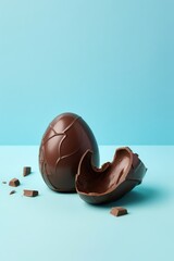 Wall Mural - Egg shaped chocolate on turquoise background. Sweet Easter Holiday concept. Copy space. Generative ai.