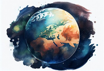 Wall Mural - Watercolor Illustration of a Beautiful Space And Earth. Generative AI