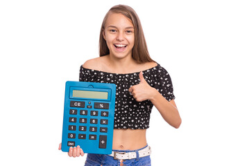 Smart female student holding big calculator and making Teen girl isolated on white. Happy cheerful child looking at camera. Back to school.