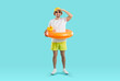 © Studio Romantic - Funny joyful young man set up for summer vacation and looking for good offer from travel agency. Happy guy in summer clothes and with inflatable circle looking into distance on light blue background.