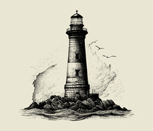 Lighthouse On The Edge Of The Land, Waves Beat Against The Lighthouse, Sketch, Outline, Engraving. Vector Lighthouse