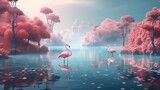 Fototapeta Kosmos - pink flamingos in the fantasy lake , landscape , generative ai