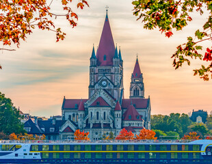 St. Francis of Assisi church and Danube river in autumn, Vienna, Austria
