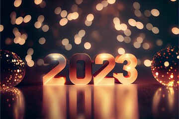 Sticker - Festive New Year 2023 background with golden bokeh lights and glitter sparkles