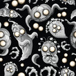 Digital render of a pattern of gray creepy cute monsters on a dark background