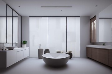 Poster - Luxurious bathroom interior with wooden elements in design and bathroom near window., created with generative ai