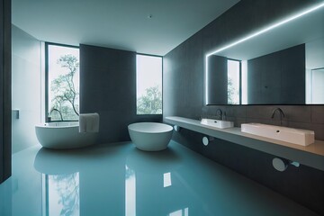 Sticker - Bathroom interior in bright blue tones with washbasin and mirror lighting., created with generative ai