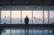 Businessman standing in office interior and looking at city view. Generative AI
