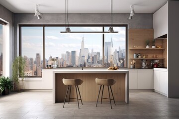 Mockup canvas frame with a view of the city's skyscrapers next to a large window in the kitchen. a basic kitchen in wood and grey with three bar stools but no people. Generative AI