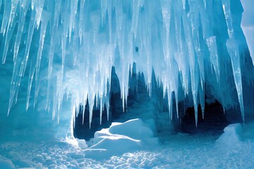 Canvas Print - Sharp crystal icicles in dark ice cave in Arctic., created with generative ai