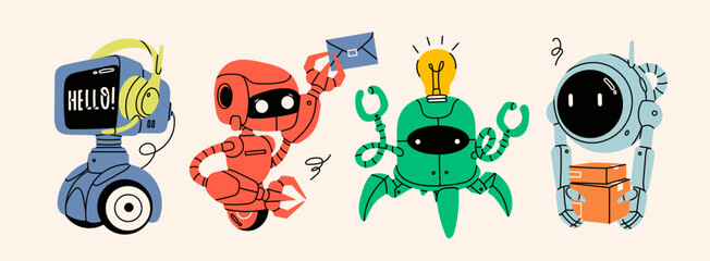 Set of various Robots. Cute artificial robotic characters. Hand drawn Vector illustration. Futuristic retro androids. Cartoon style. Isolated design elements. Delivery, customer service postal concept