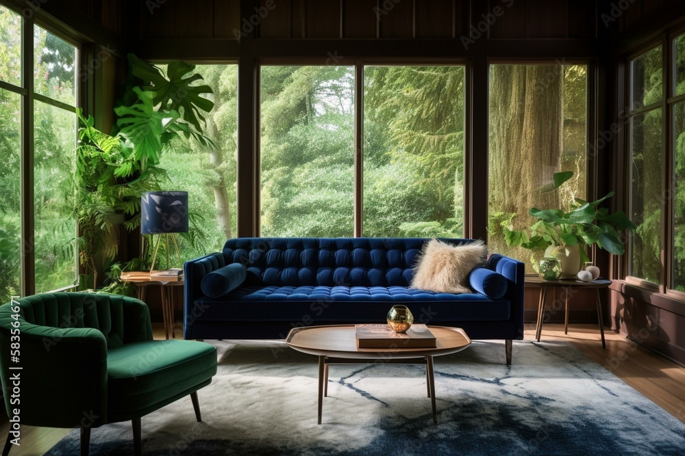 A cozy living room with a plush velvet sofa in rich navy blue, set ...