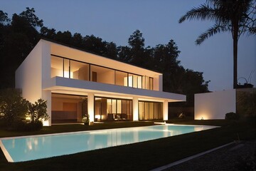 Poster - Expensive modern house exterior in beige brown tones and comfortable swimming pool., created with generative ai