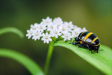 Wall Mural - Big black with yellow stripes beetle on flower on spring sunny day., created with generative ai