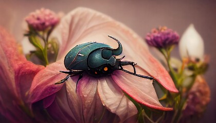 Wall Mural - Round with horn on head of beetle on flower on pink background., created with generative ai