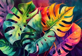 Watercolor Illustration of a Abstract Natural Background. Exotic Leaves Pattern. Creative Background With Bright Colorful Monstera Leaves. Jungle Fauna. Generative AI