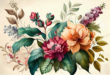 Wall Mural - Watercolor Illustration of a Beautiful Fantasy Vintage Wallpaper Different Botanical Flower Bunch,Vintage Motif For Floral Print Digital Background. Generative AI