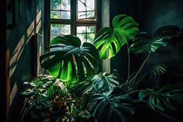 Wall Mural - On a window, a huge monstera plant is vivid green. Generative AI