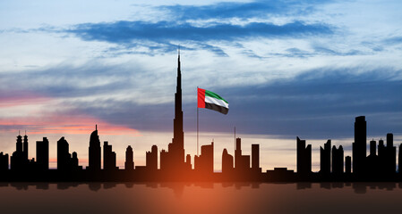 Wall Mural - United Arab Emirates flag and Dubai skyline view at sunset. UAE celebration.