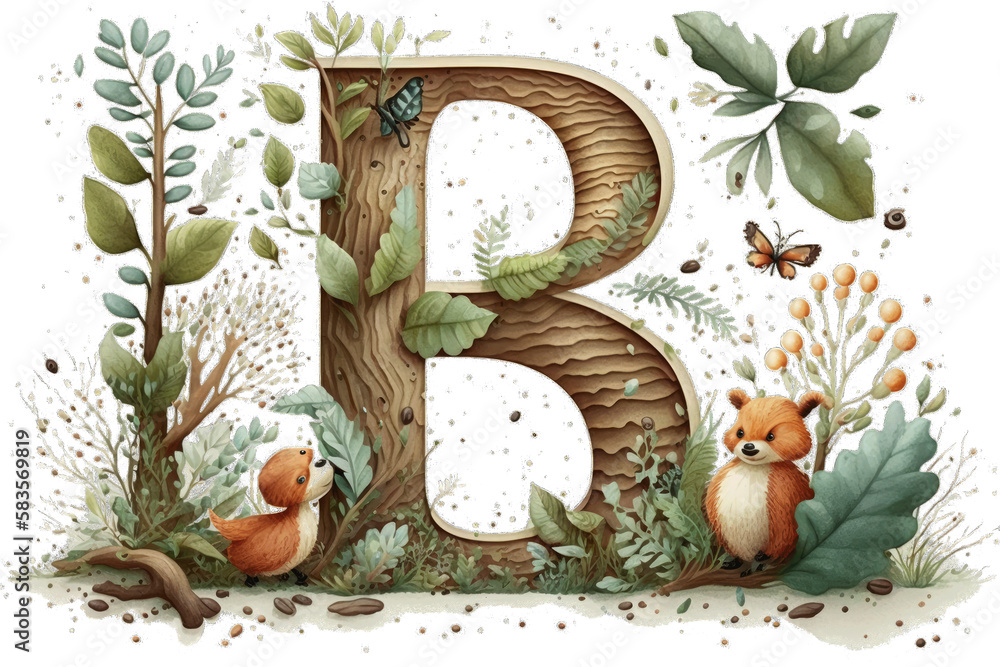 alphabet letter B monogram initial preschool forest child nursery decor school nature capital upper case letter wall art poster animal kid birthday toddler baby cute adorable wallpaper sticker party