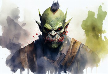 Wall Mural - Watercolor Illustration of a Grim Orc Scary With A Mask Concept Art Illustration. Generative AI