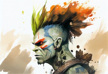 Wall Mural - Watercolor Illustration of a Orc With A Mohawk Concept Art Illustration. Generative AI