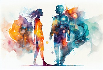 Wall Mural - Watercolor Illustration of a Soulmates Encountering Each Other In A Quantum Time. , This Image Is Not Based On Any Original Image, Character Or Person. Generative AI