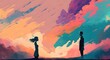 man and woman standing opposite of each other against colorful sky, illustration painting, Generative AI