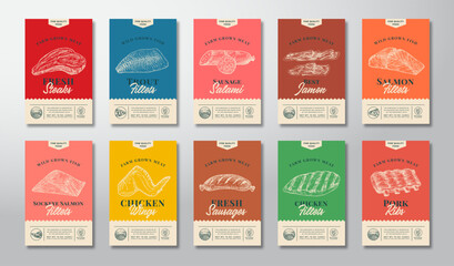 meat, fish, poultry and sausage abstract vector packaging labels design set. modern typography banne