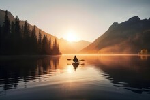 A Man Travelling In A Kayak In A Lake At Sunrise In Mountains Is A Peaceful And Serene Scene That Captures The Beauty And Tranquility Of Nature. Generative AI