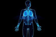 a human body hologram with virtual reality glasses on observing the interior of the body on a blue digital screen