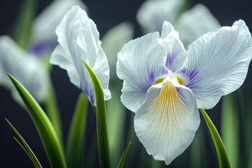 Poster - Large white with purple and yellow iris flower on black background., created with generative ai