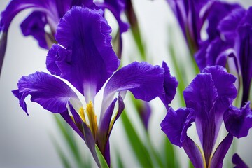 Poster - Petals of dark purple iris flower on macro stem., created with generative ai