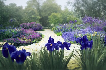 Poster - Blossoming garden with trees and iris flower in misty sky., created with generative ai