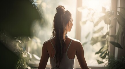 Young woman practicing yoga near the sunset