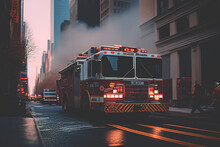 Fire Truck In New York. Firefighters Rescue After Fire Alarm Went Off At Building. Firemen At Apartment Fire. Accodent On Street In NYC, Firefighters And Extinguish Fire, Ai Generative Illustration.