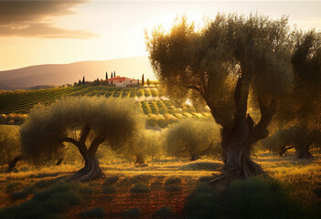 Wall Mural - Olive trees plantations. Spain hills on sunset. Olives trees at Spain Farm field. Olives harvest in Tuscany. Olive harvesting in farm season. Rural landscape. Ai Generative illustration.