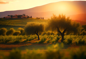 Wall Mural - Olive trees plantations. Spain hills on sunset. Olives trees at Spain Farm field. Olives harvest in Tuscany. Olive harvesting in farm season. Rural landscape. Ai Generative illustration.